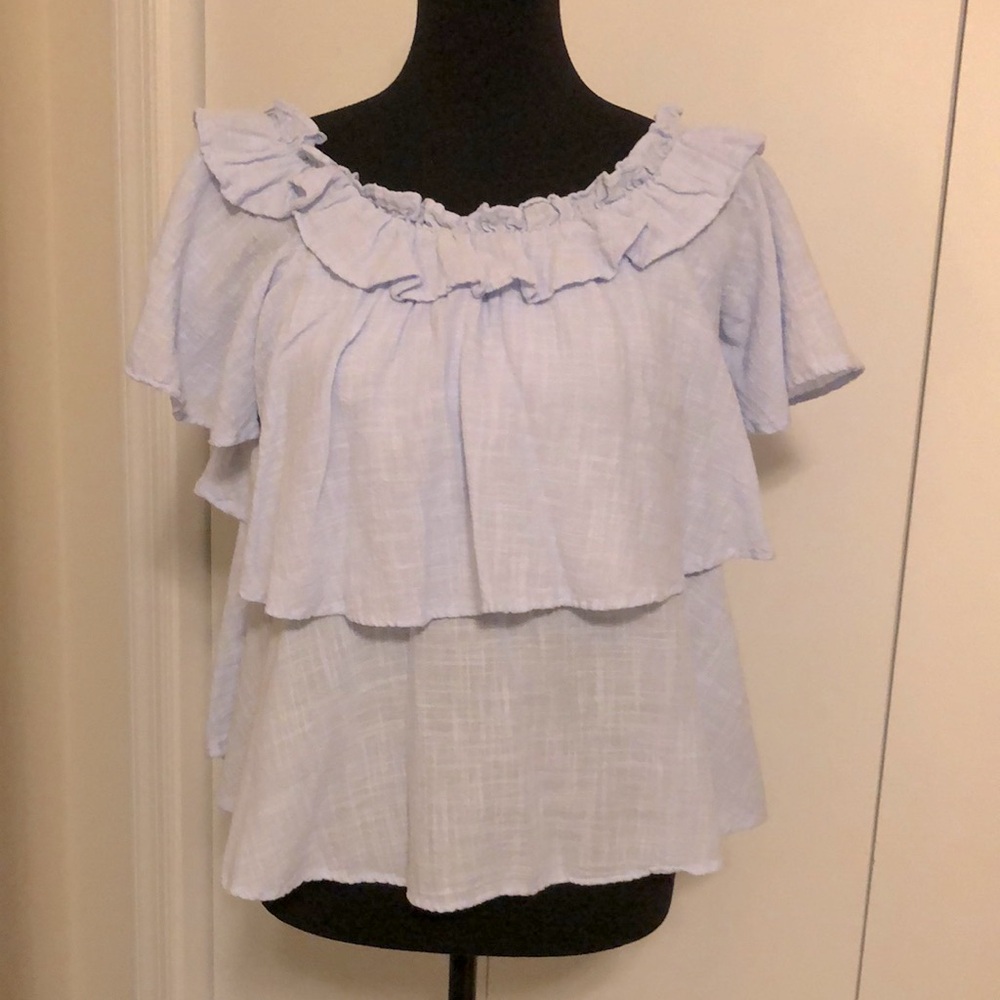Zara pale blue gauze layered ruffled top-short sleeves or off the shoulder Med.